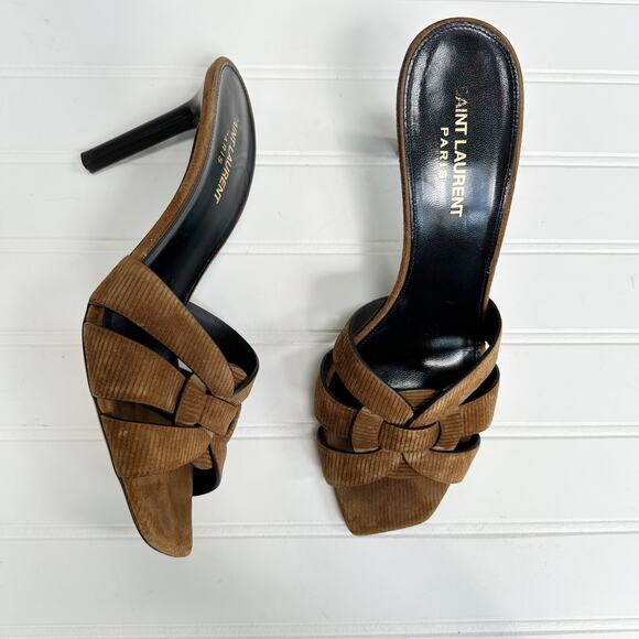 Saint Laurent Tribute 85 Mules Brown Corduroy Woven Heeled Sandals Size 39.5 - Picture 3 of 14